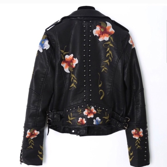 Vegan Leather Embroidered Moto Jacket - Picture 3 of 7